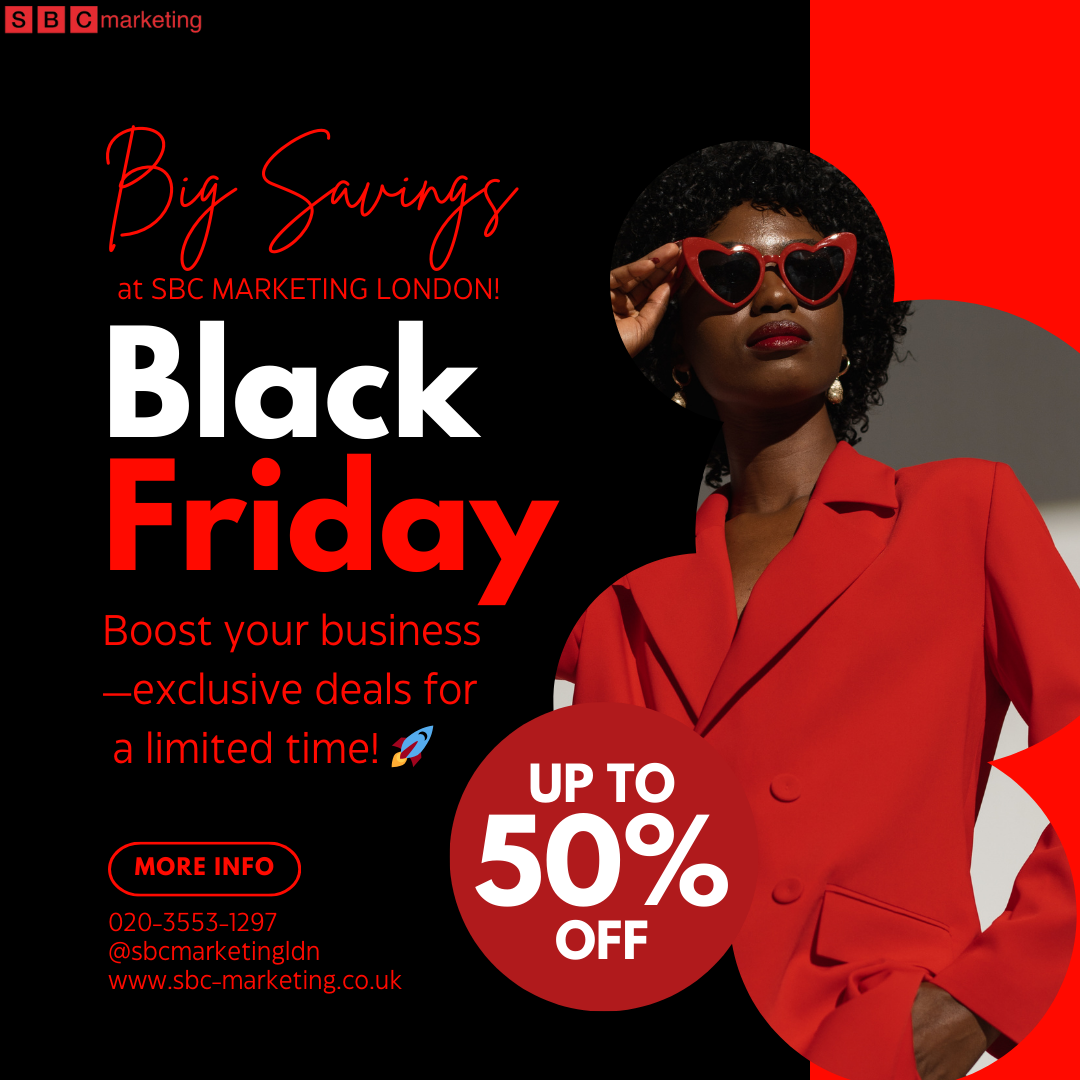 https://strictlybusiness.co.uk/black friday promo graphics woman dress in red formal jacket with red sunglass