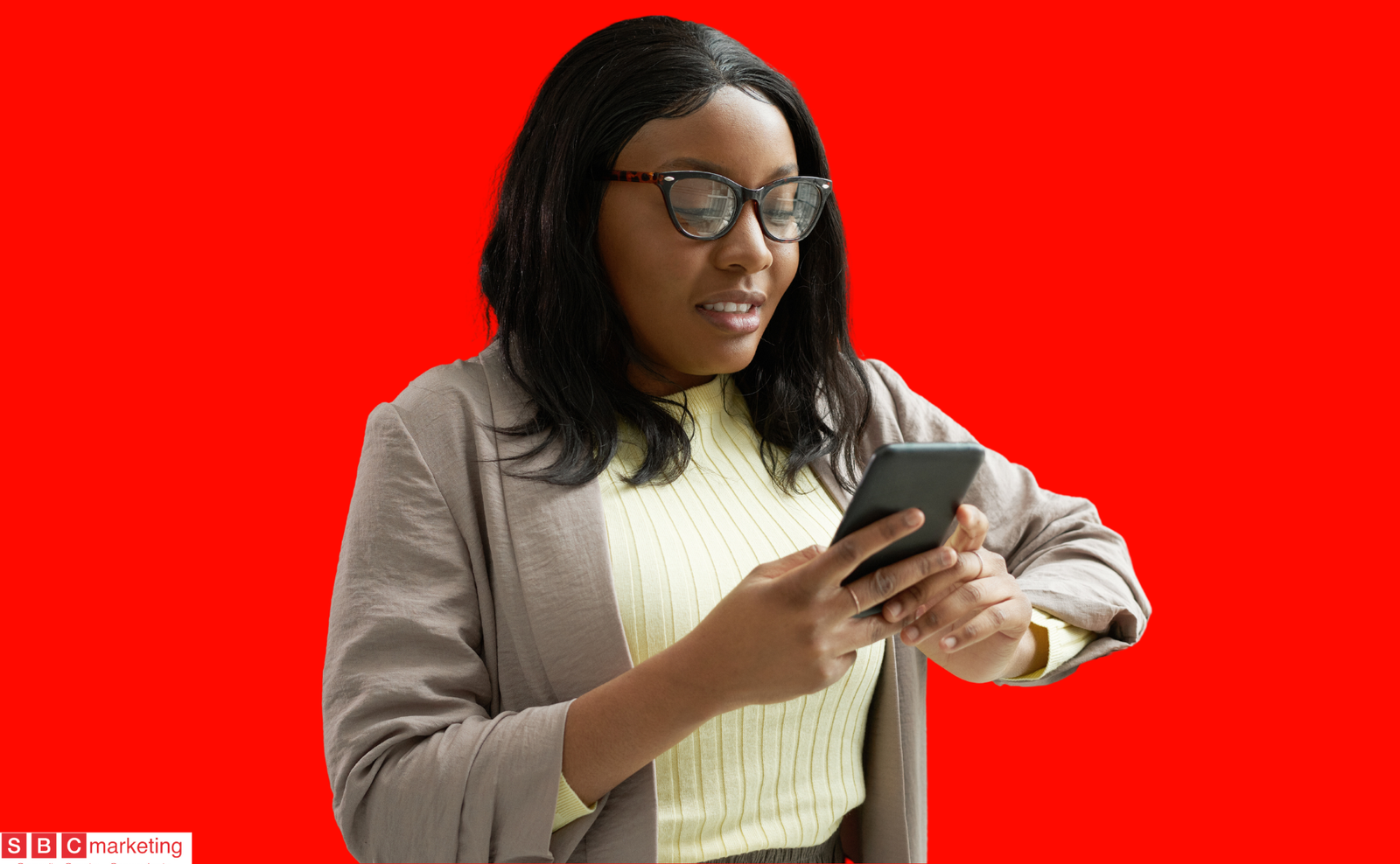new customers onboarding lady using as mobile phone - sbc marketing london